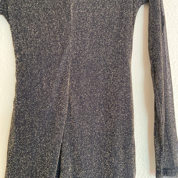 Faux Wrap Party Dress, Gold Shimmer on Black, Sheer Sleeves, Size Medium - Picture 6 of 9